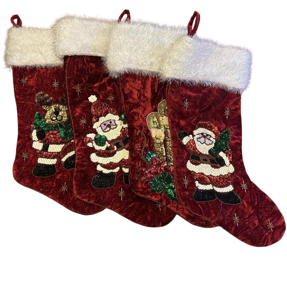 Vintage Christmas Stockings Red Velvet Sequin Set of 4